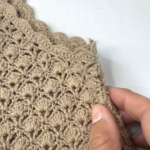 Crochet Sweater Vest Beige Ramie Cotton Large Boho Cottage Retro Hippy Festival - Picture 3 of 9